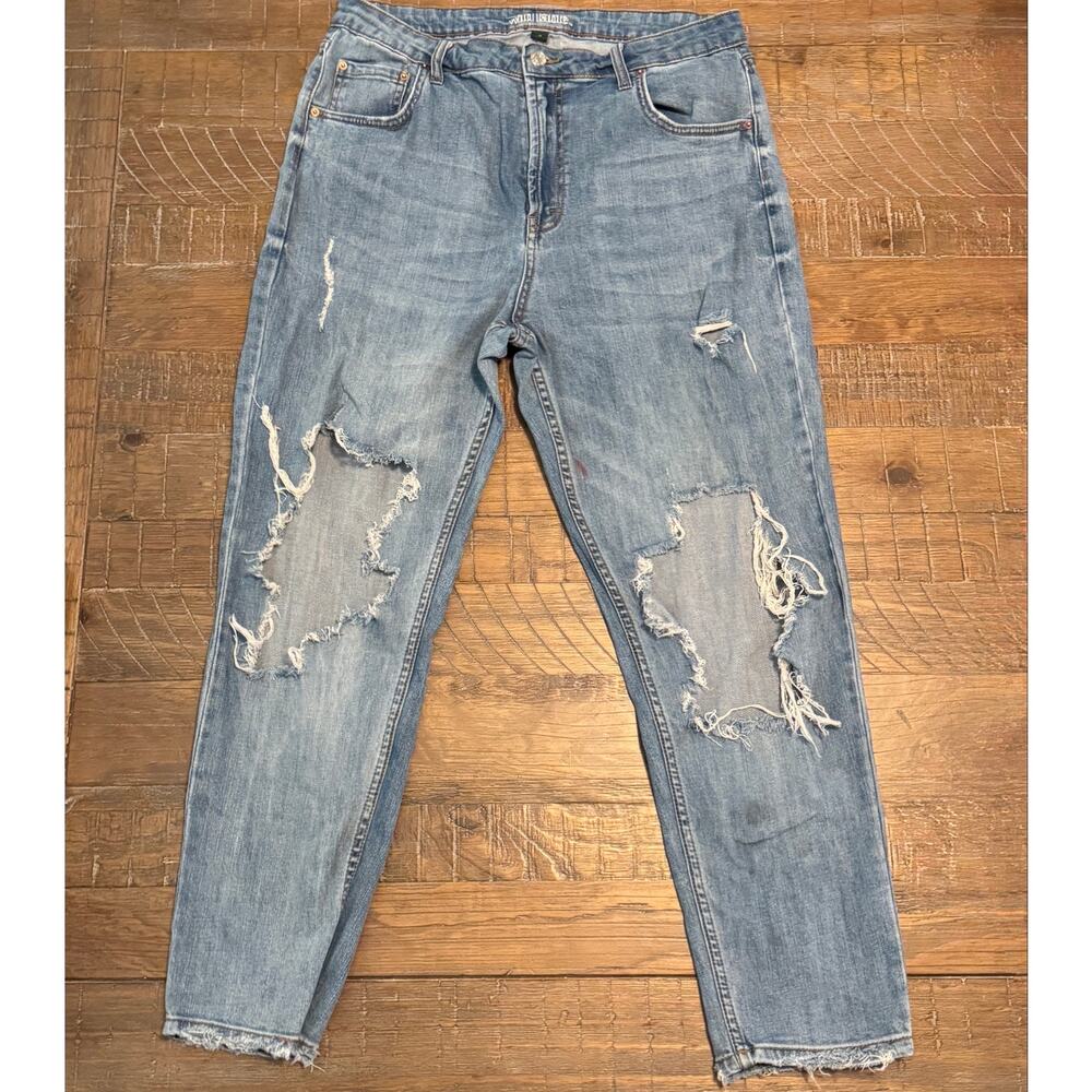 Wild Fable Sz 14 Blue Jeans Distressed High Waist Straight Leg Stained Ripped - Picture 2 of 12